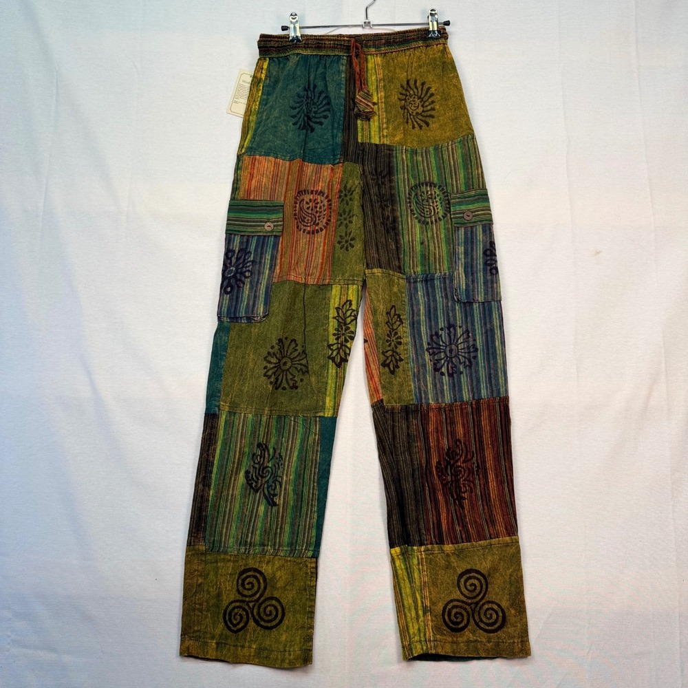 Windhorse Nepal Patchwork Cotton Cargo Pants Boho Hippie Festival Multi S/M NEW